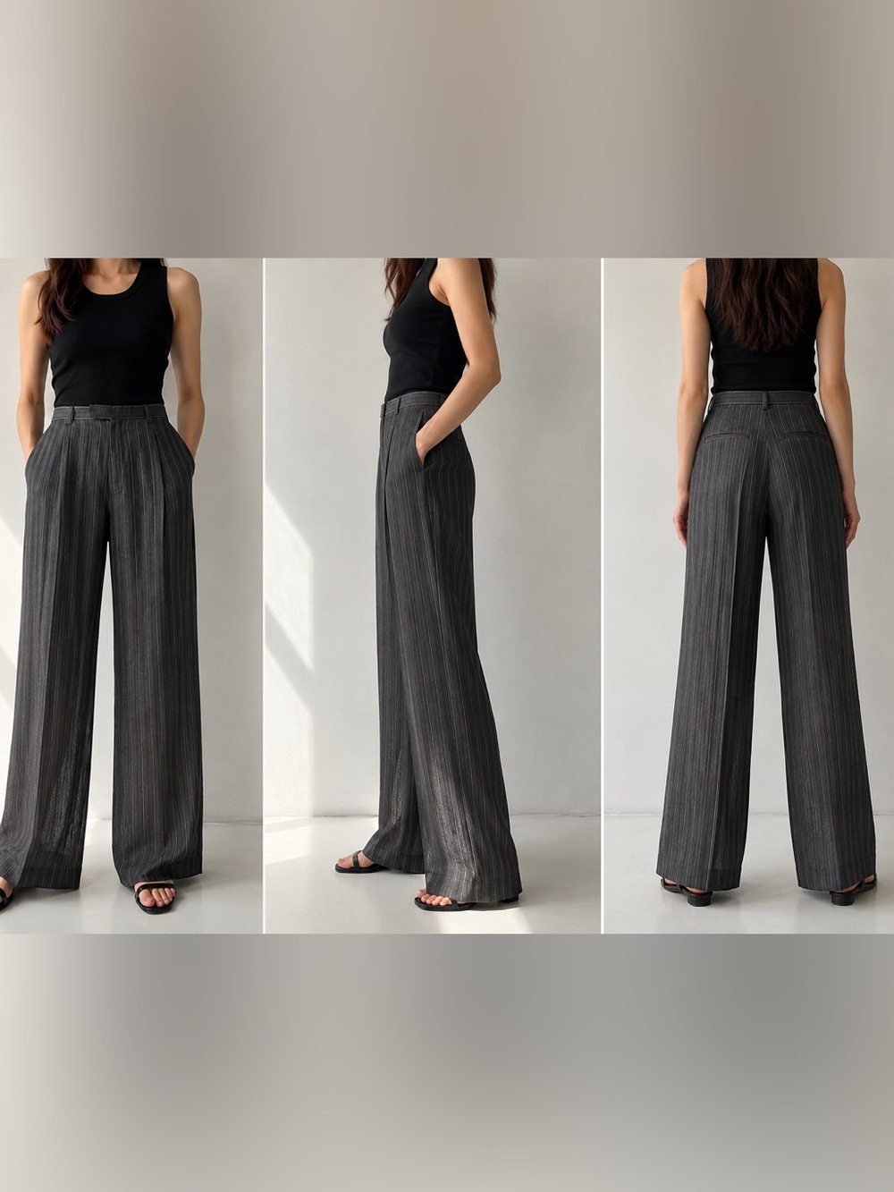 René Lezard NWOT Sheer Virgin Wool Viscose Pinstripe Wide Leg Trousers Size 42